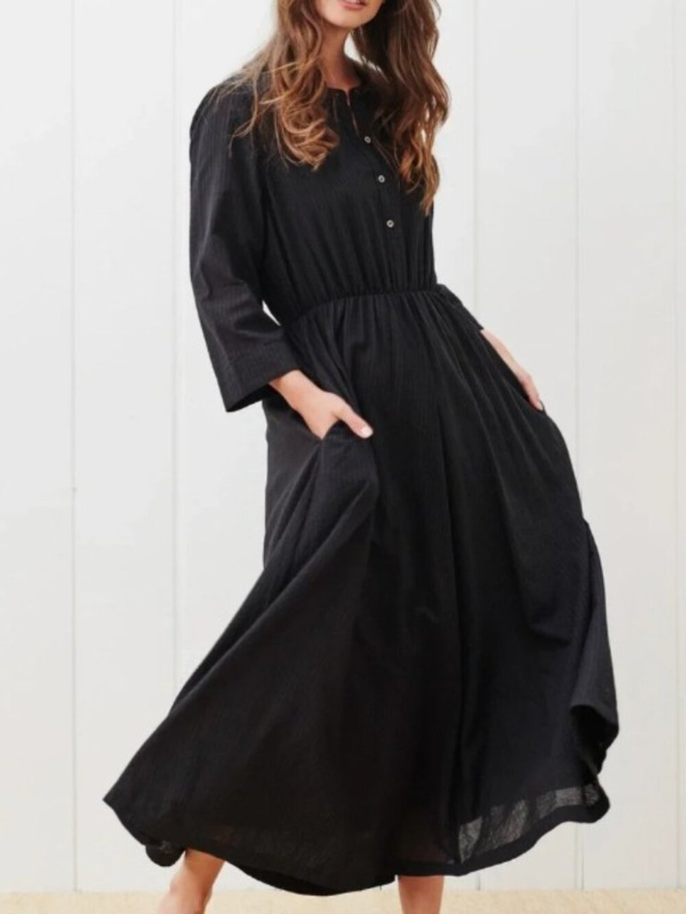 Jenni Kayne Seersucker Shirt Midi Dress Cotton Black Minimalist Boho Sz XL